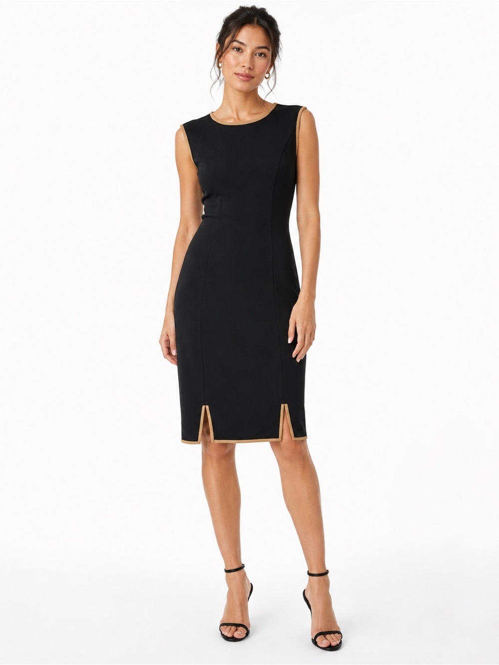 Club Monaco Black Sheath Midi Dress Tan Sheep Leather Trim Sleeveless Size 0/XS